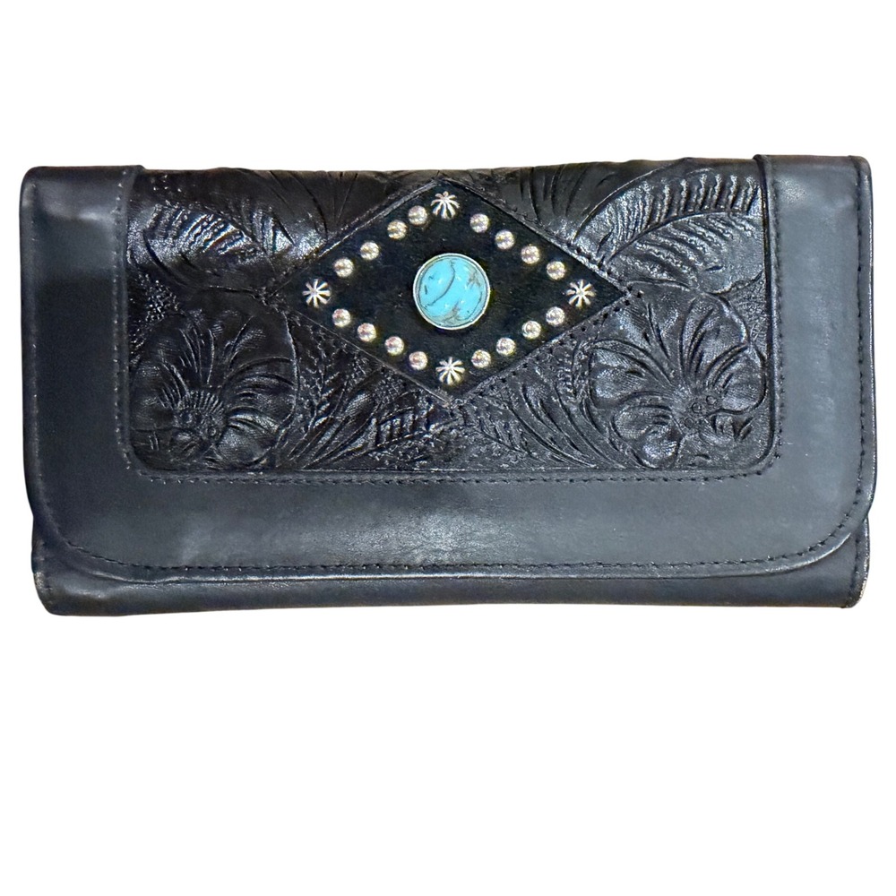Western Black Leather Trifold Wallet Floral Tooling Turquoise Stone Studded